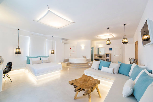 Luxury Indoor Jacuzzi Suite features a balcony with views to the Aegean Sea and   Anna Platanou Luxury Suite Sea View-Indoor Jacuzzi Room in boutique hotel vacation rental 28491829