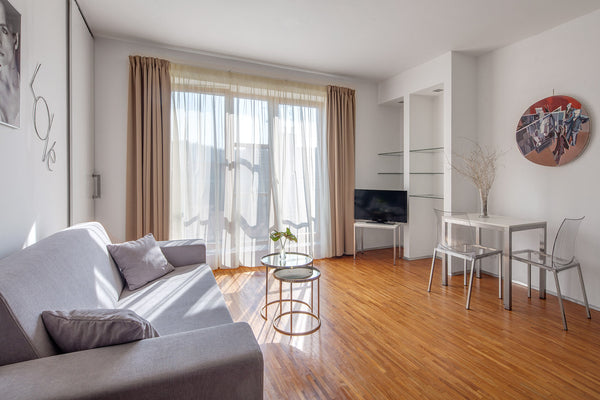 This apartment has a separate bedroom with a double bed, wardrobe or wardrobe ar Prague, Czechia Our fully furnished 2+KK apartment 21317182 Entire serviced apartment vacation rental 40099813