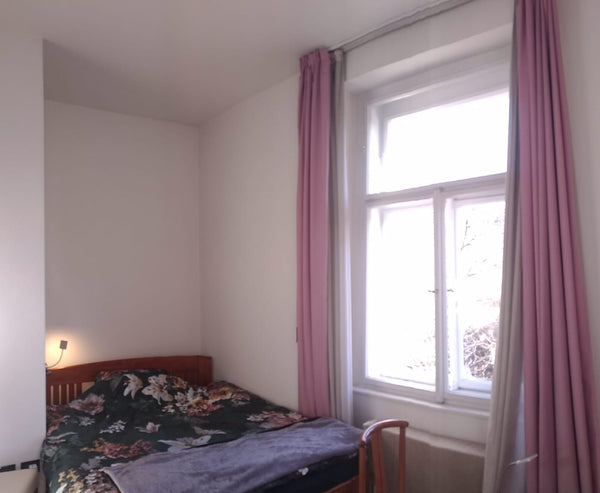 This lovely-sunny bedroom has tall French windows and private balcony with a pan  Lovely 1-bedroom in Central Prague Private room in rental unit vacation rental 37101425