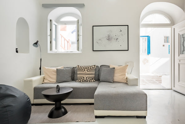 Wake up amidst the soft teals and Cycladic blue tones of the cozy bedroom. Open  Mikonos, Greece Silvernoses Villa with Mykonos Town Views Cycladic home vacation rental 34944817