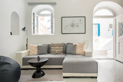 Wake up amidst the soft teals and Cycladic blue tones of the cozy bedroom. Open  Mikonos, Greece Silvernoses Villa with Mykonos Town Views Cycladic home vacation rental 34944817