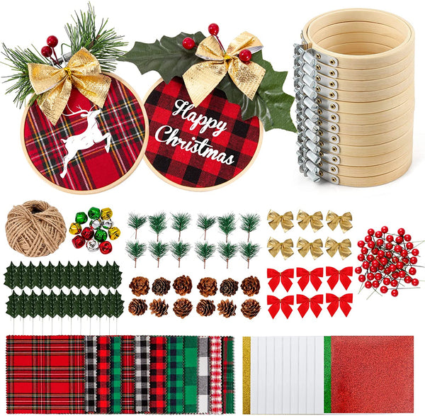 12 Pack Christmas Ornament DIY Craft Kit Includes 3 Inch Bamboo Embroidery Hoops, Christmas Plaid Fabric, Mini Pine Cones, Artificial Pine Needle and Small Berries for Christmas DIY Decor