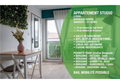 STUDIO BORDEAUX NANSOUTY - ST. GENÈS, 2 PERS<br /><br />Appartement complètement Andernos-les-Bains, France NOUVEAU ! STUDIO BORDEAUX (NANSOUTY), 2 PERS. Entire condo vacation rental 48548894