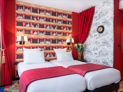 Take advantage of this double room with two indivual beds in the heart of South  Paris, France Quirky Theatrical 2 Beds Bedroom Room in boutique hotel vacation rental 24752348