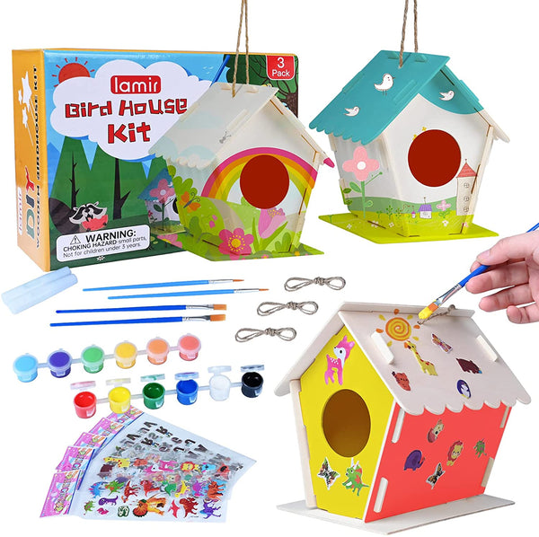 Craft Kit for Kids Ages 4-8 8-12- 3 Pack DIY Bird House Kit Gifts for Children to Build and Paint Birdhouse Craft Wooden Arts for Girls Boys Ages 4-6 6-8, Paints & Brushes Included