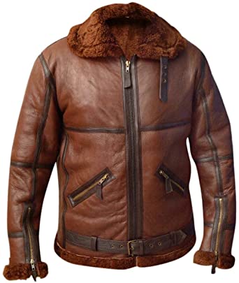 Brown RAF British B3 Flying Bomber Aviator Flight WW2 Winter Fur Shearling Real Sheepskin Leather Jacket