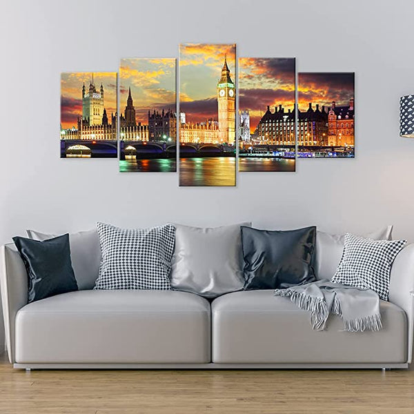 Big Ben Cityscape Wall Art Canvas Print Night of London Painting Picture Architecture Artwork for Office Bedroom Living Room Decor. London Travel Photo and Vintage City Stock Images.. Royalty Free Stock City Photos. Photography Artwork.